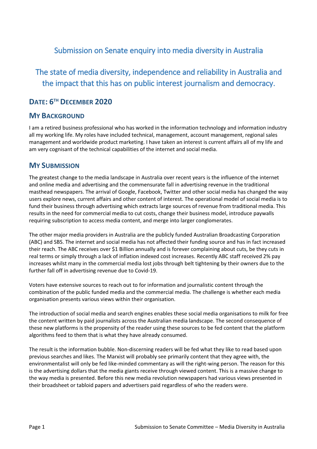 Submission on Senate Enquiry Into Media Diversity in Australia The