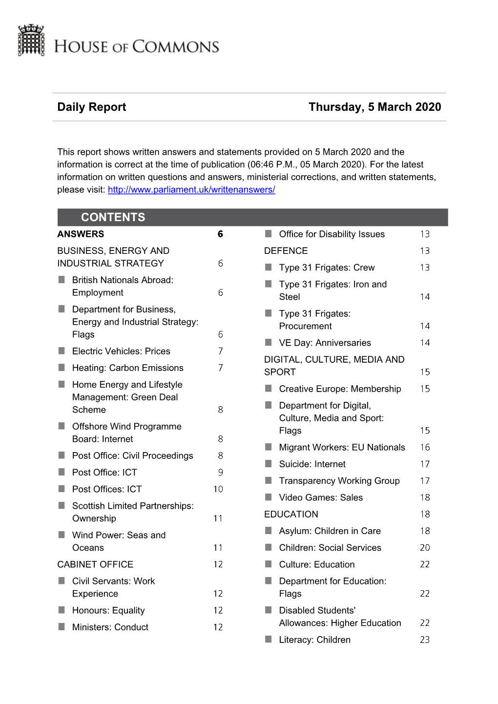 Daily Report Thursday, 5 March 2020 CONTENTS