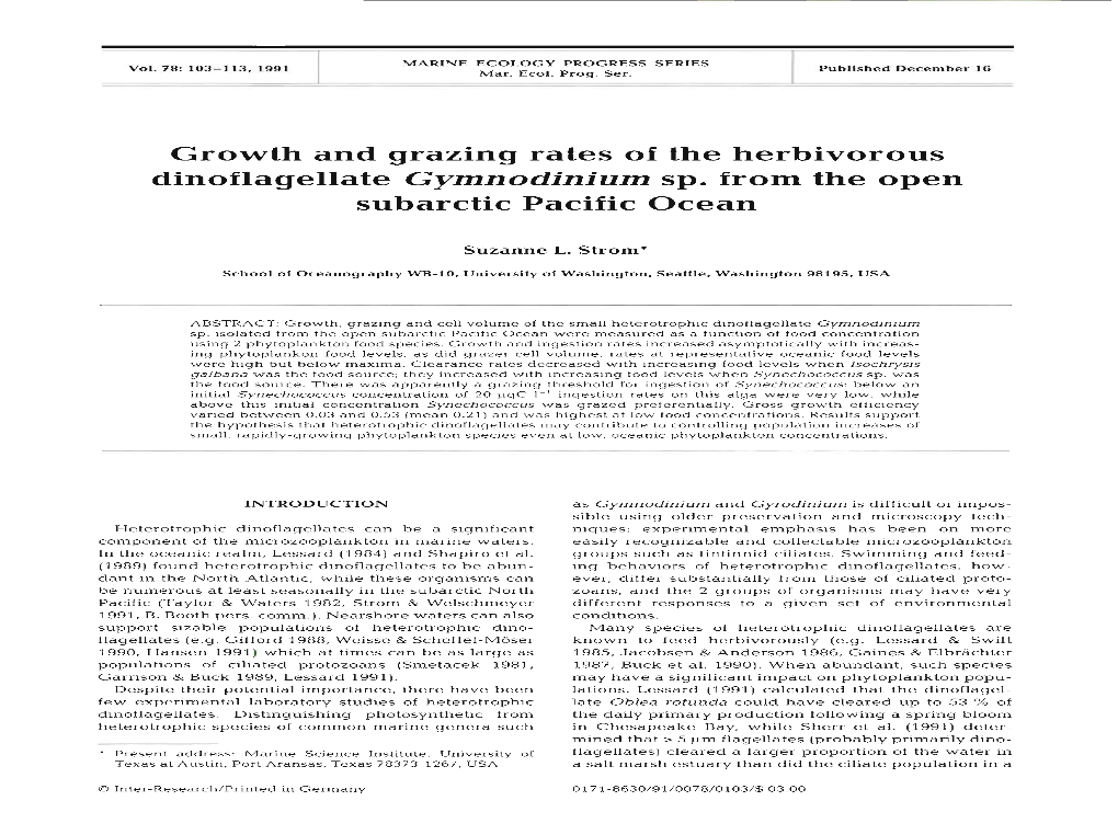 Growth and Grazing Rates of the Herbivorous Dinoflagellate Gymnodinium Sp