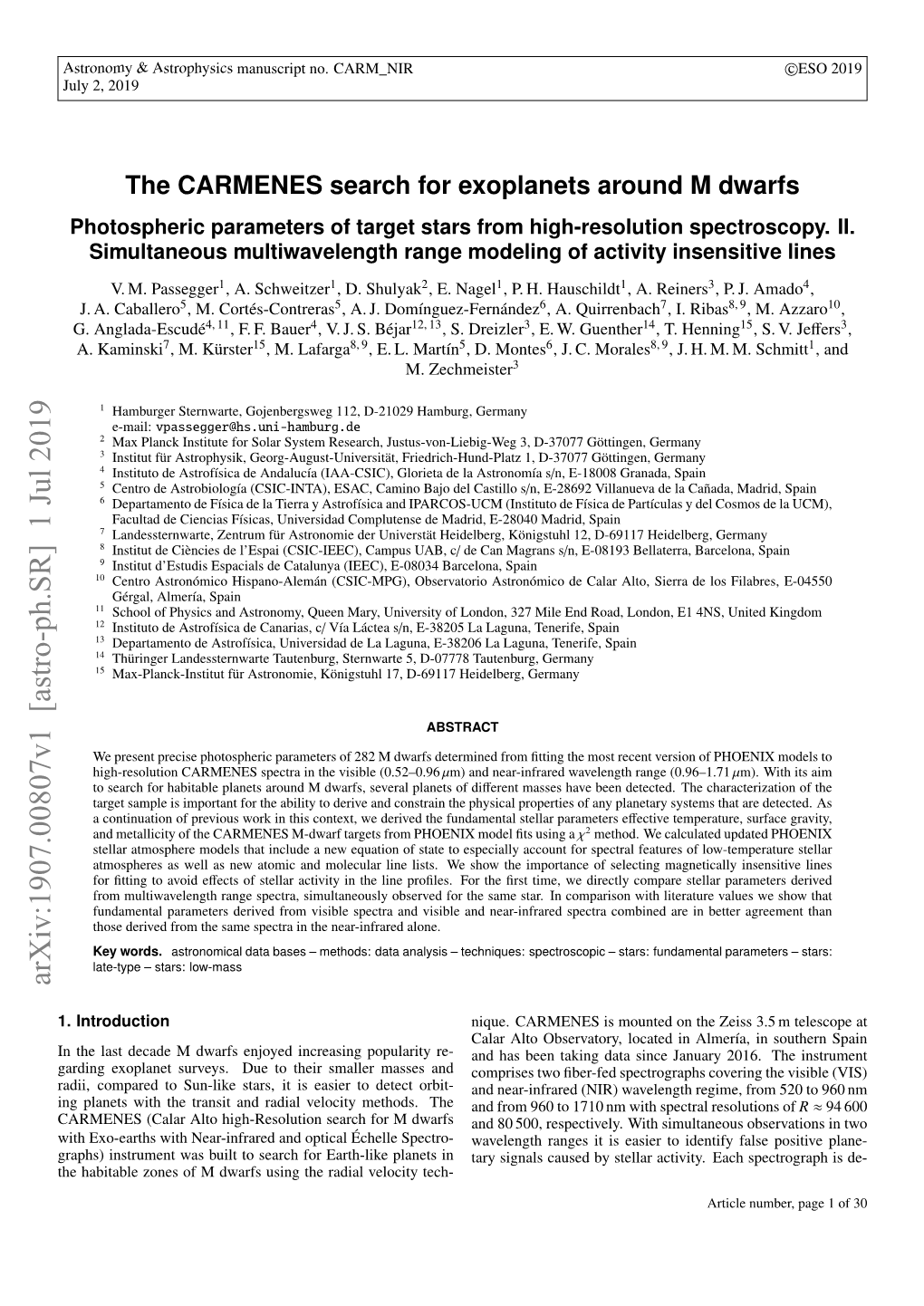 The CARMENES Search for Exoplanets Around M Dwarfs Photospheric Parameters of Target Stars from High-Resolution Spectroscopy