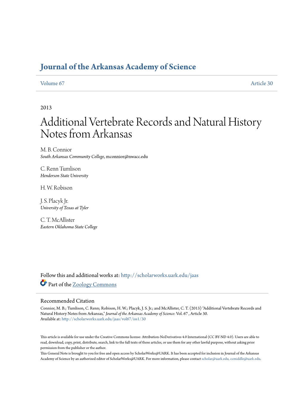 Additional Vertebrate Records and Natural History Notes from Arkansas M