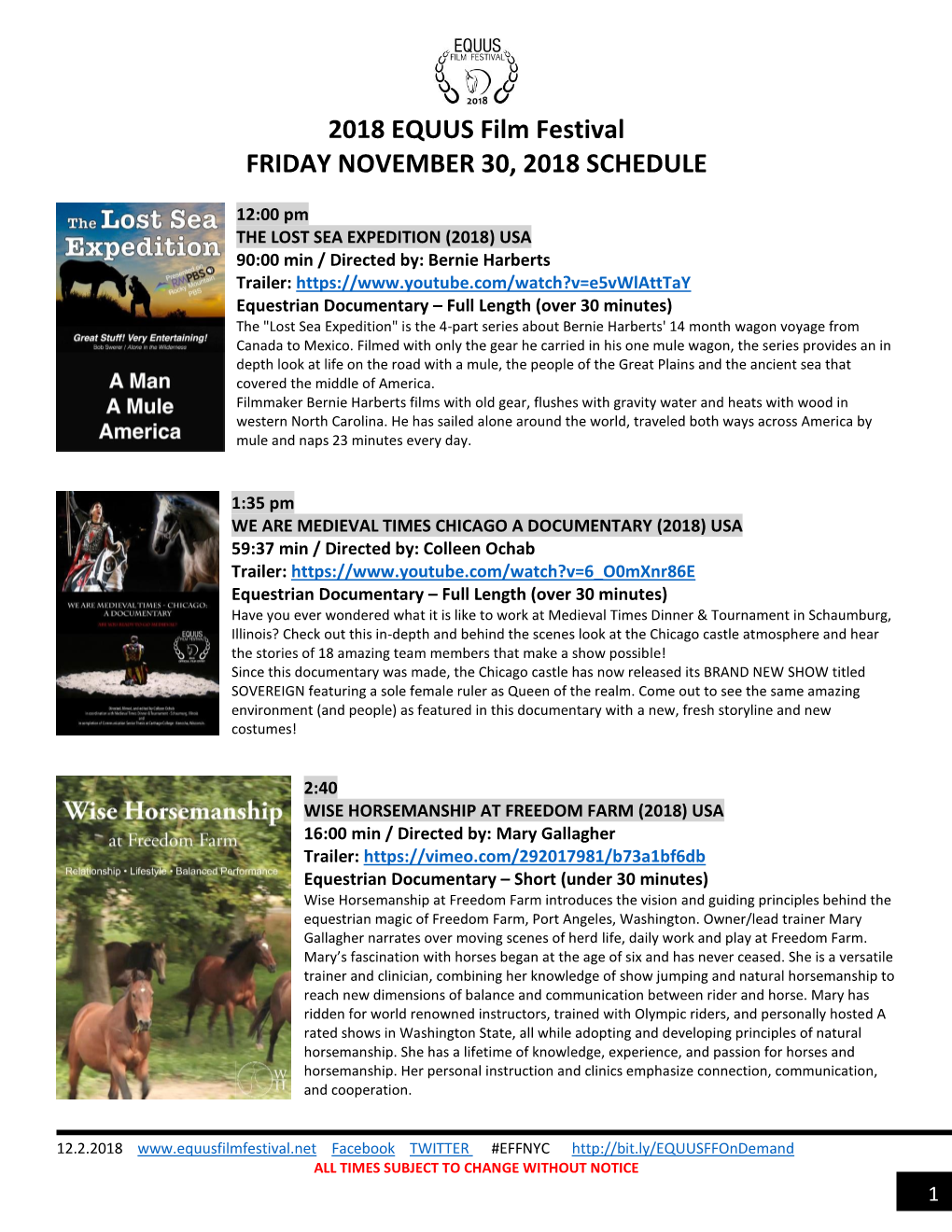 2018 EQUUS Film Festival FRIDAY NOVEMBER 30, 2018 SCHEDULE