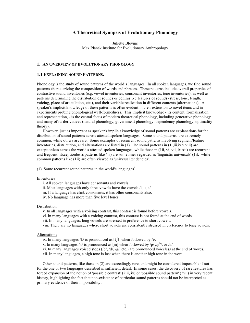 1 a Theoretical Synopsis of Evolutionary Phonology