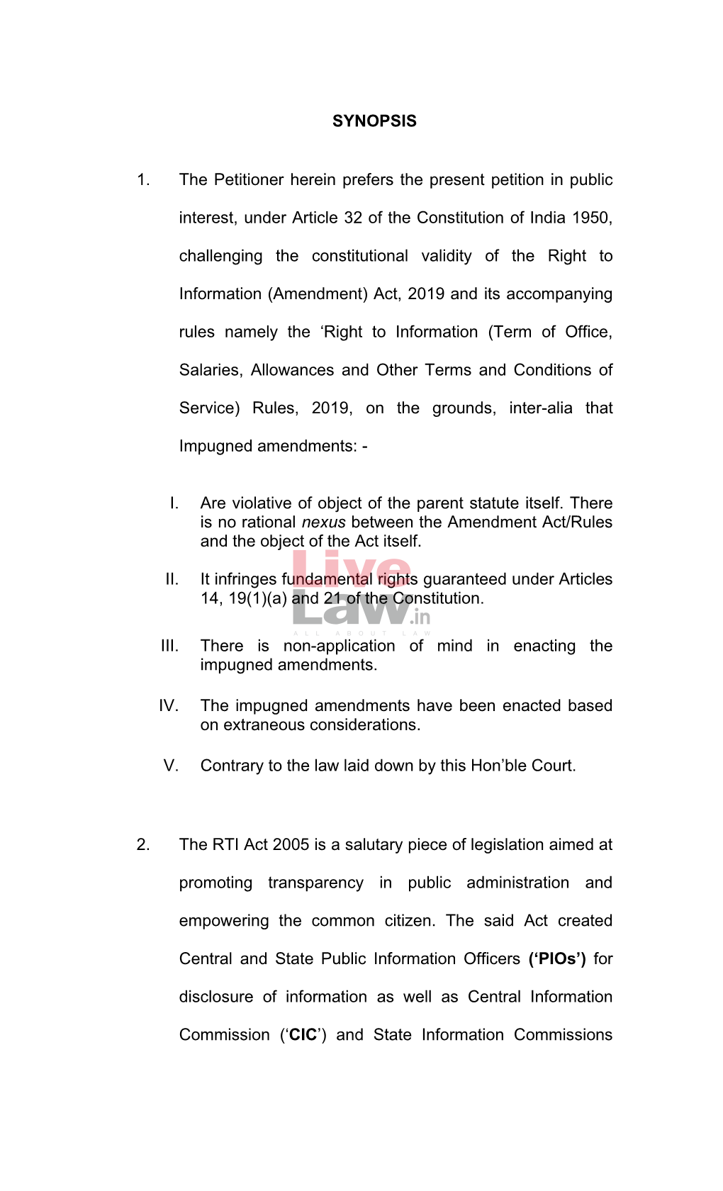 SYNOPSIS 1. the Petitioner Herein Prefers the Present Petition in Public
