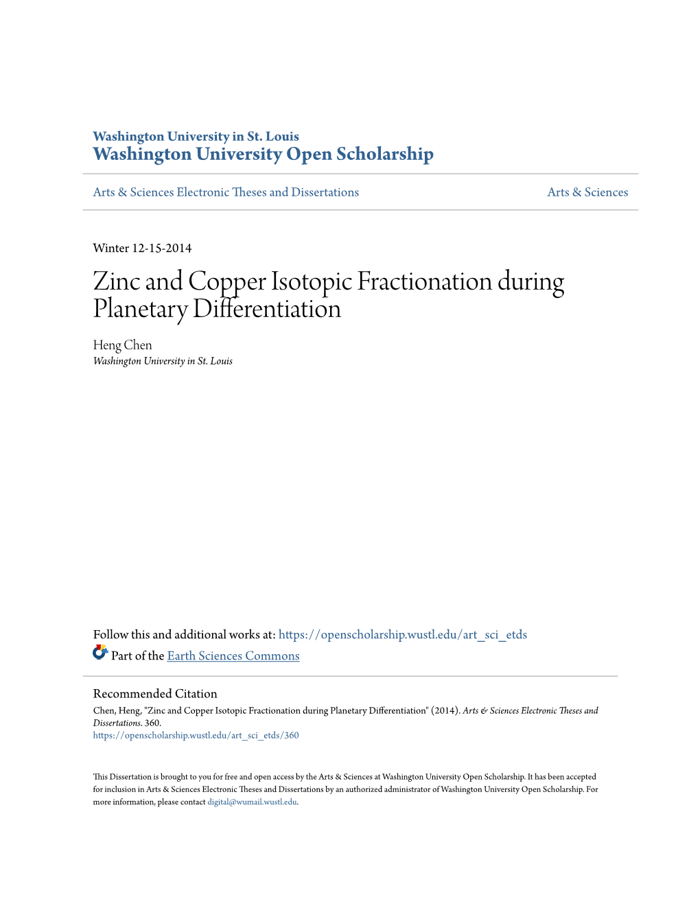 Zinc and Copper Isotopic Fractionation During Planetary Differentiation Heng Chen Washington University in St