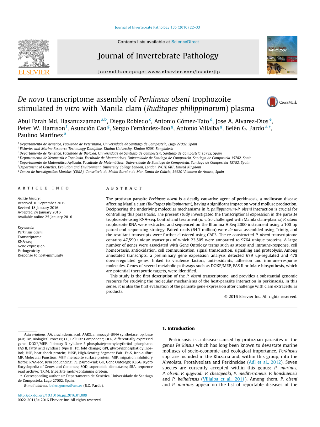 De Novo Transcriptome Assembly of Perkinsus Olseni Trophozoite Stimulated in Vitro with Manila Clam (Ruditapes Philippinarum) Plasma