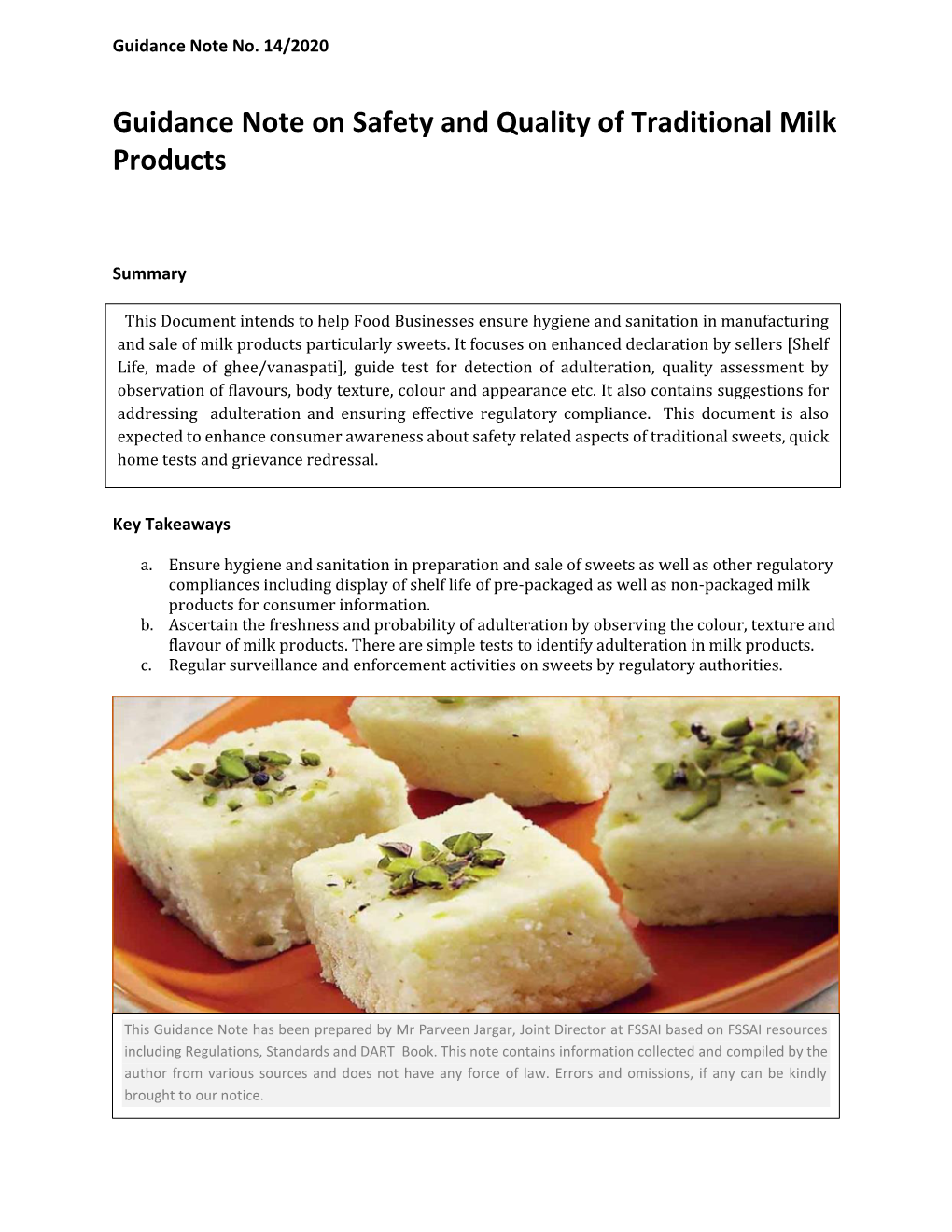 Guidance Note on Safety and Quality of Traditional Milk Products