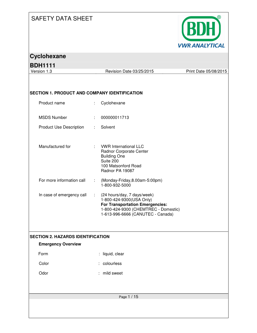 SAFETY DATA SHEET Cyclohexane BDH1111