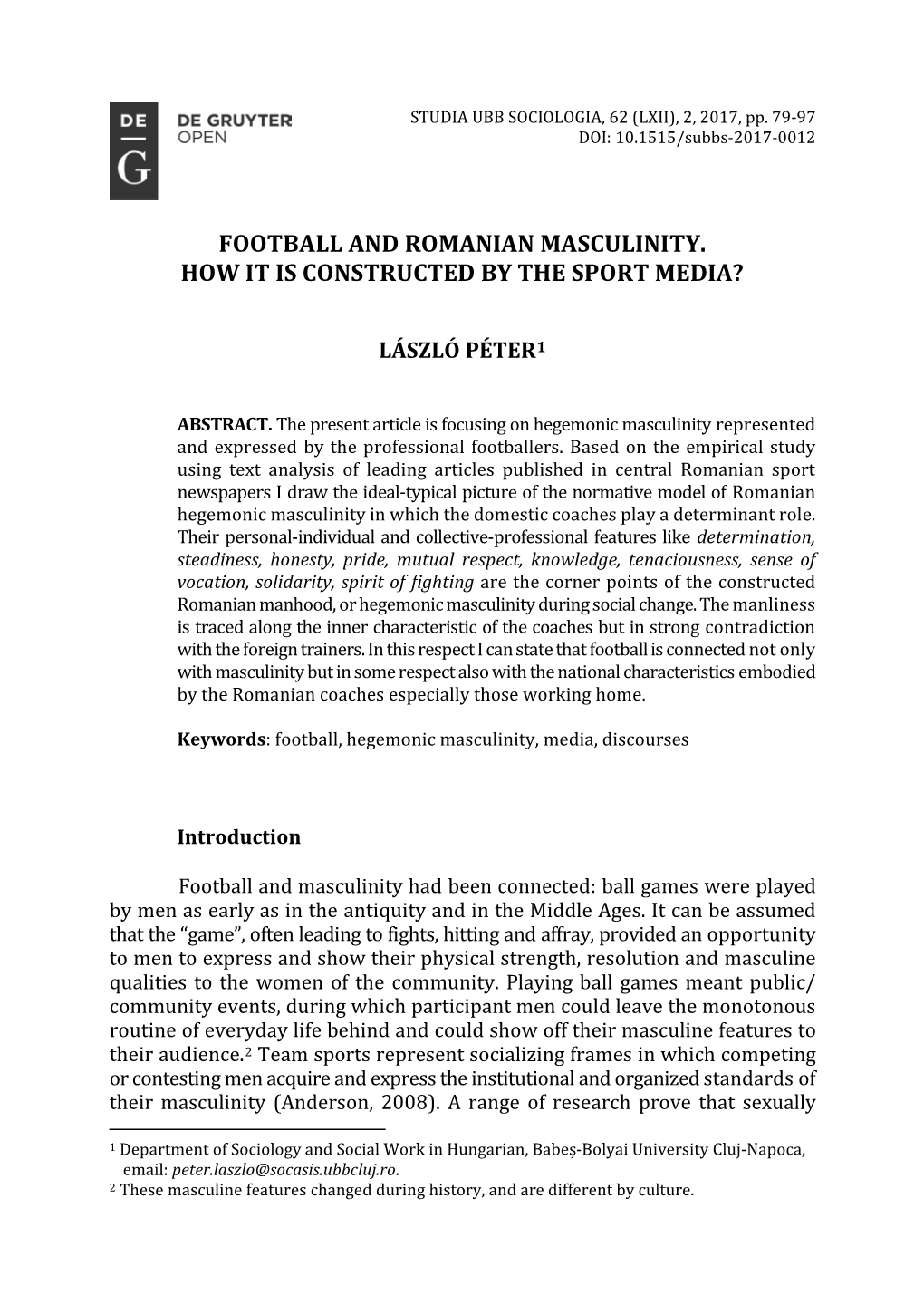 Football and Romanian Masculinity. How It Is Constructed by the Sport Media?