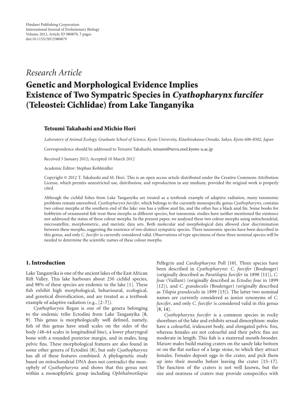 Genetic and Morphological Evidence Implies Existence of Two Sympatric Species in Cyathopharynx Furcifer (Teleostei: Cichlidae) from Lake Tanganyika