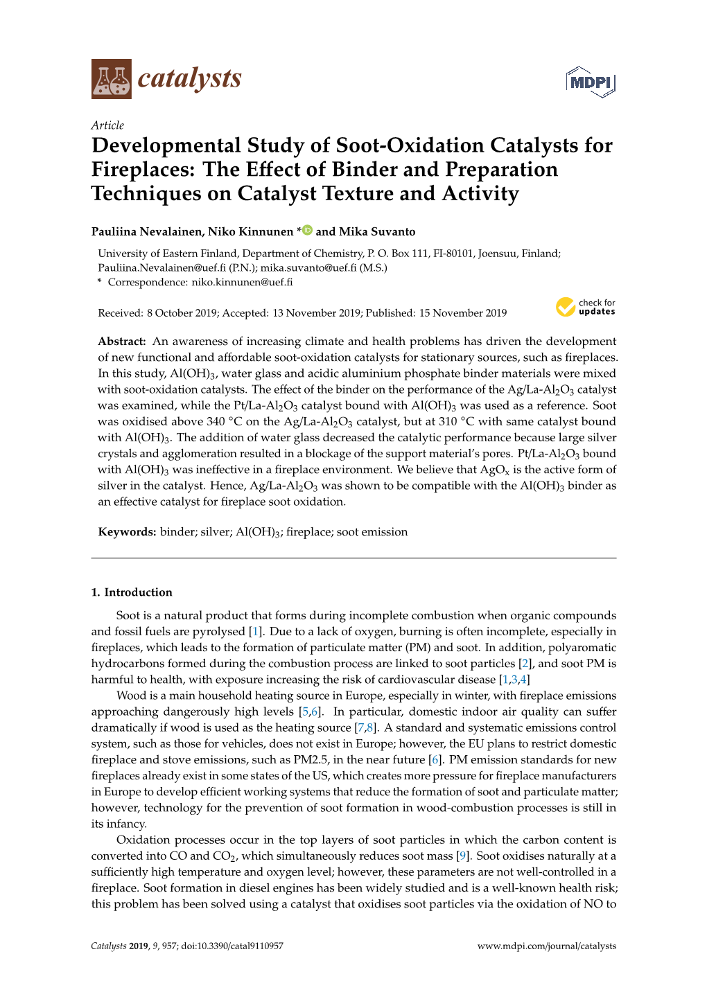 Developmental Study of Soot-Oxidation Catalysts for Fireplaces: the Eﬀect of Binder and Preparation Techniques on Catalyst Texture and Activity