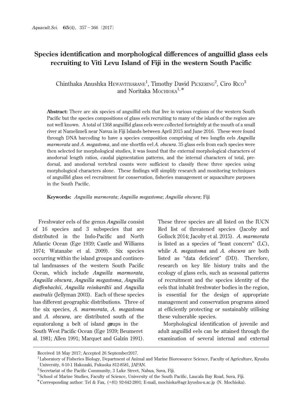 Species Identification and Morphological Differences of Anguillid Glass Eels Recruiting to Viti Levu Island of Fiji in the Western South Pacific