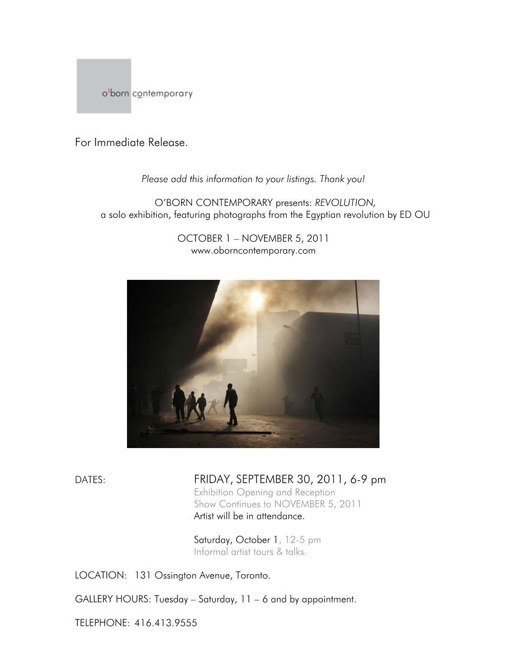 For Immediate Release. FRIDAY, SEPTEMBER 30, 2011, 6-9 Pm