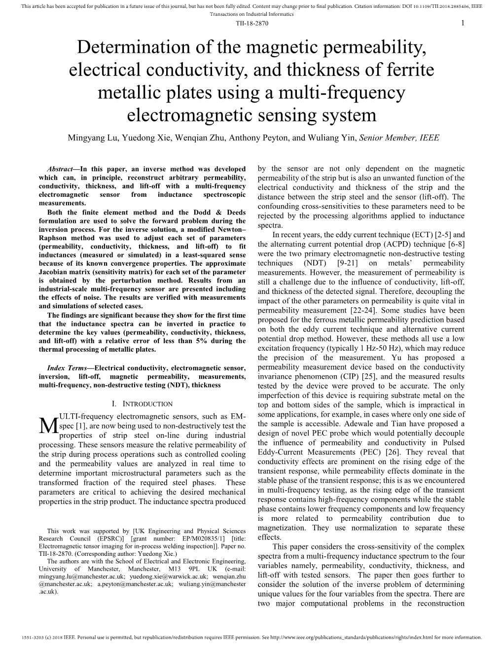 Determination of the Magnetic Permeability, Electrical Conductivity