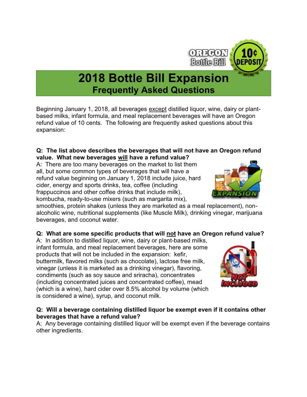 2018 Bottle Bill Expansion: Frequently Asked Questions