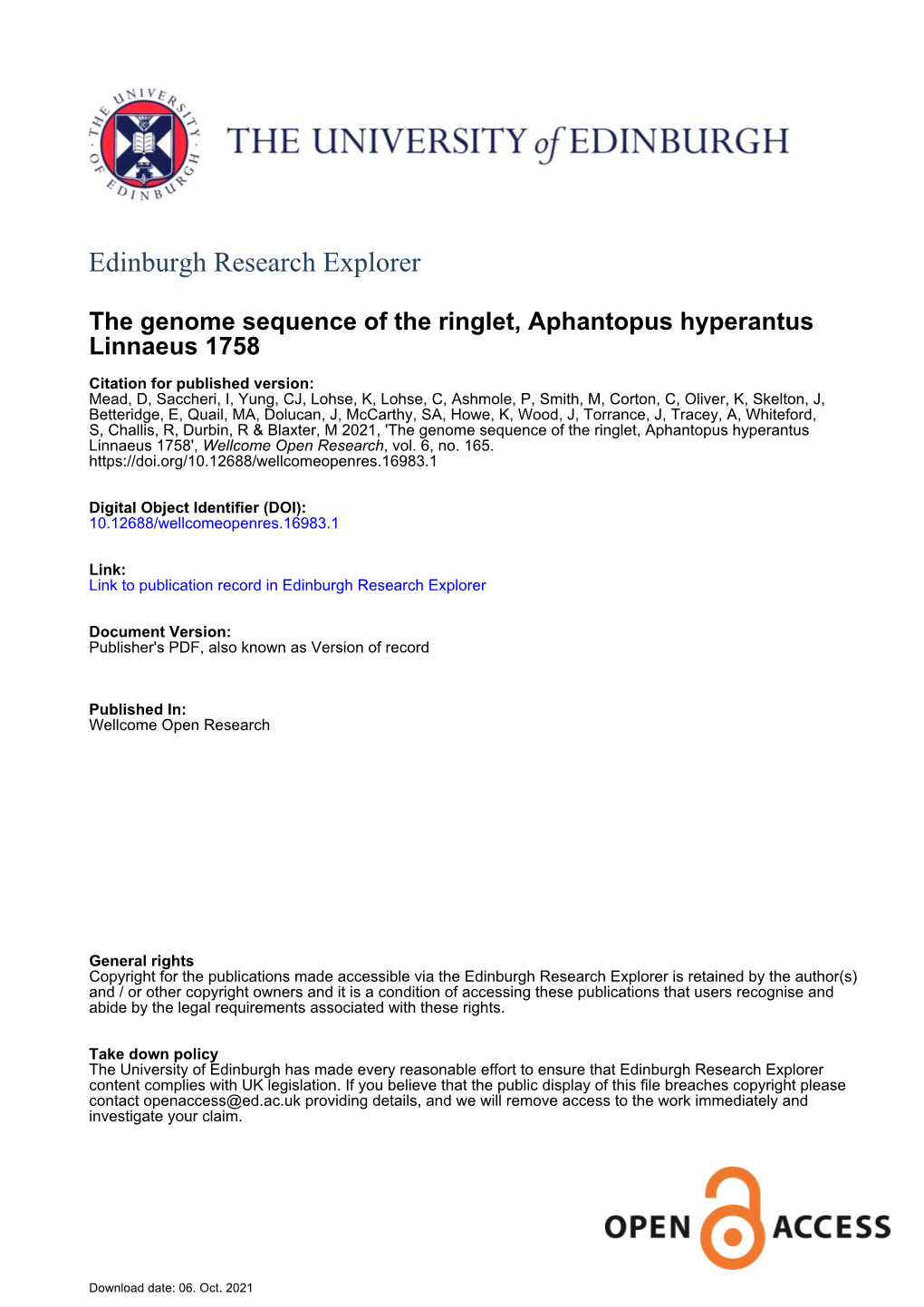 The Genome Sequence of the Ringlet, Aphantopus Hyperantus