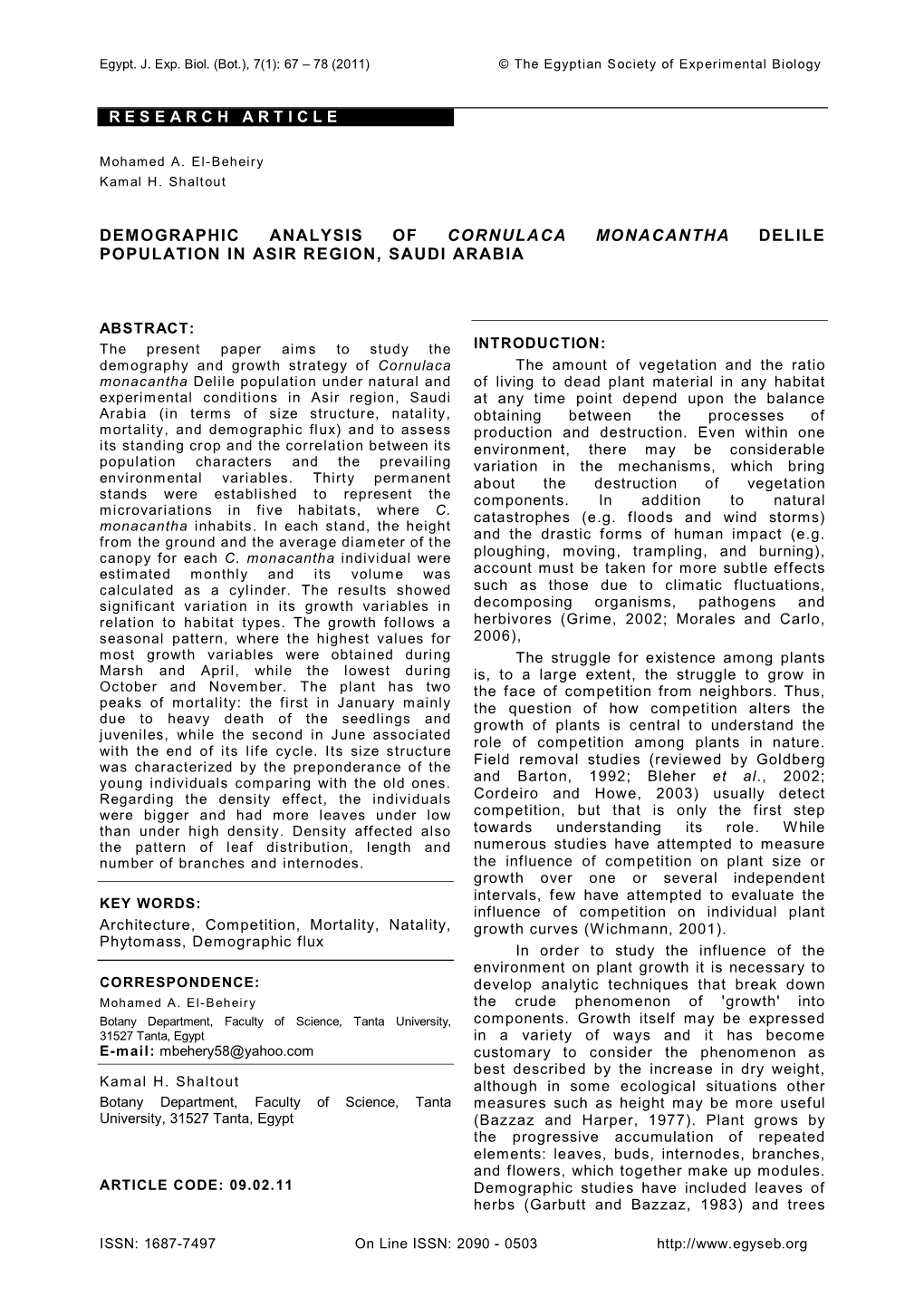 Research Article Demographic Analysis of Cornulaca Monacantha Delile Population in Asir Region, Saudi Arabia