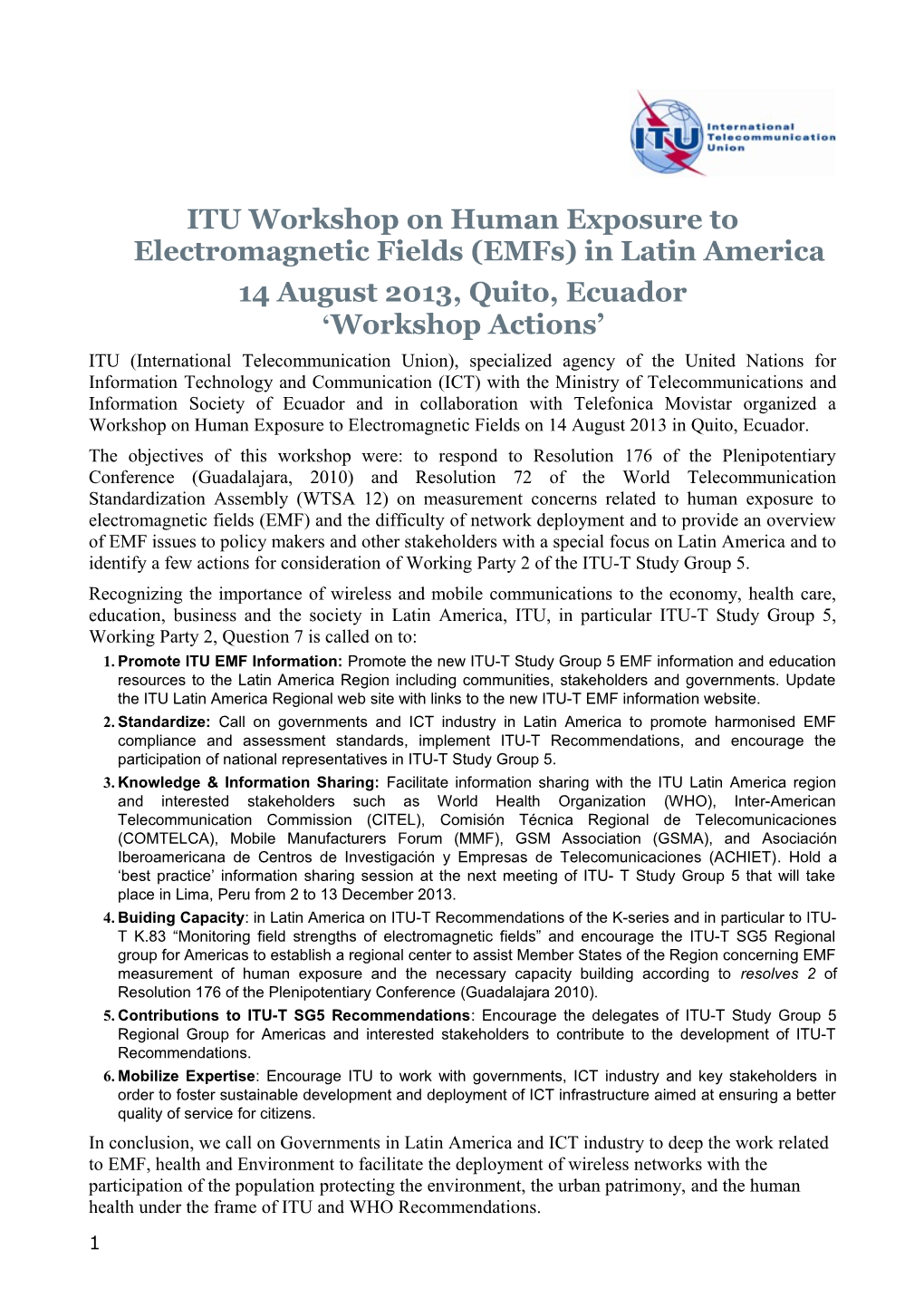 ITU Workshop on Human Exposure to Electromagnetic Fields (Emfs) in Latin America