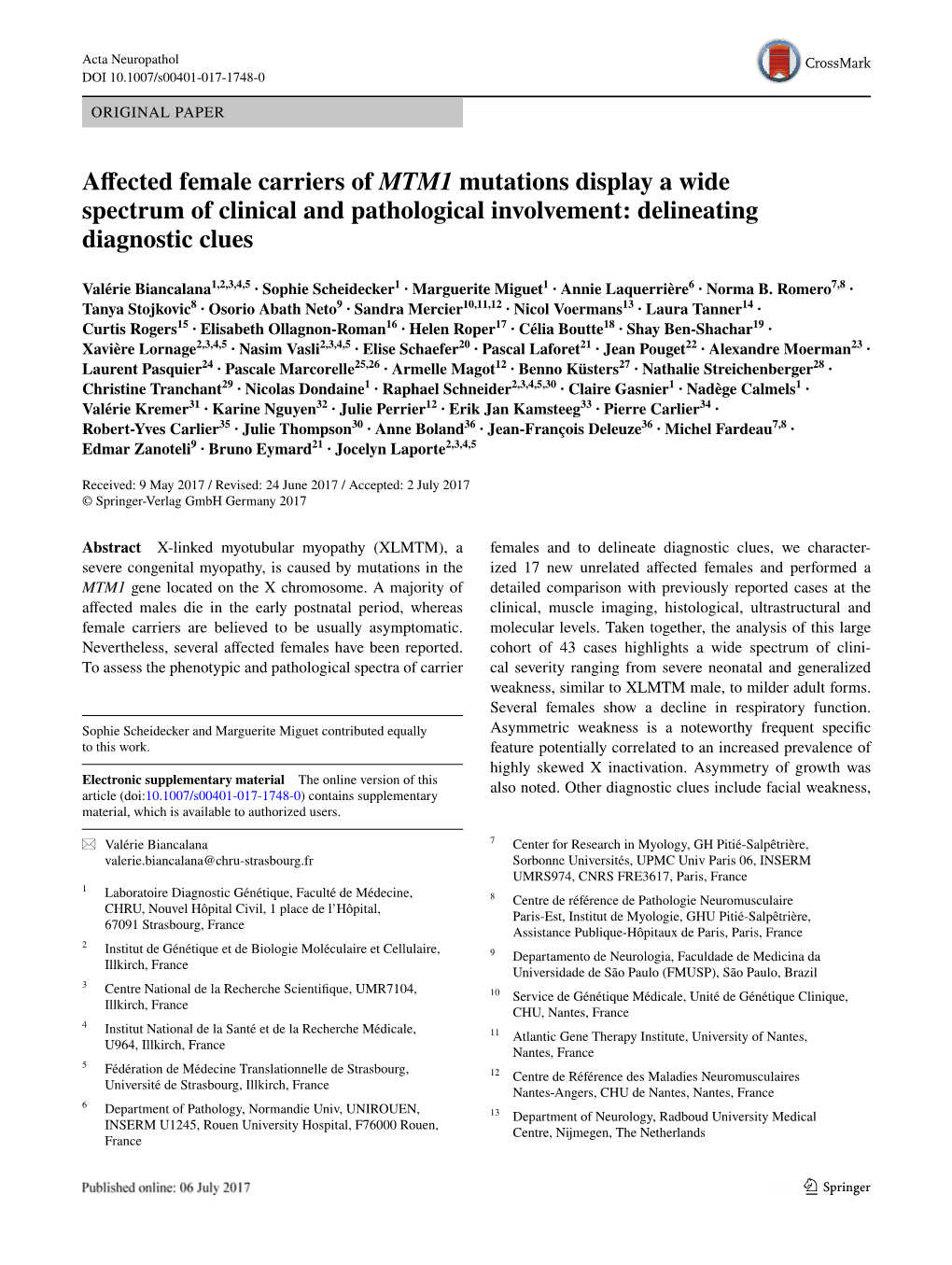 Affected Female Carriers of MTM1 Mutations Display a Wide Spectrum