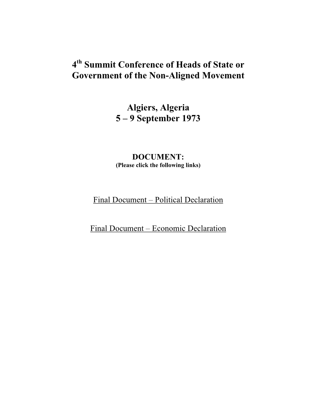 4Th Summit Final Document, Algiers 1973