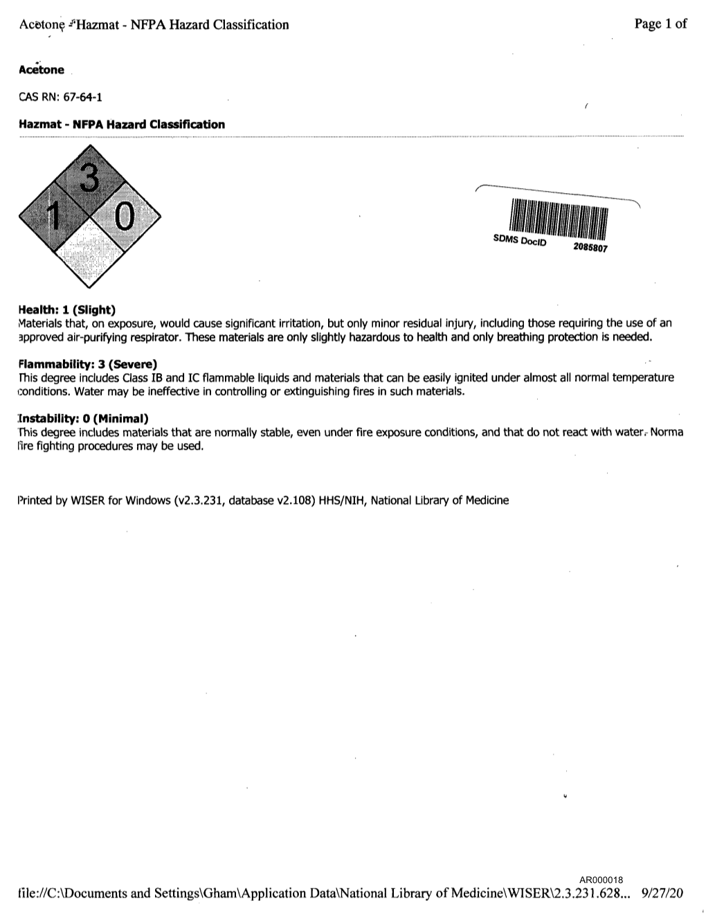 Packet of Wiser Reports on Acetone Acetonitrile