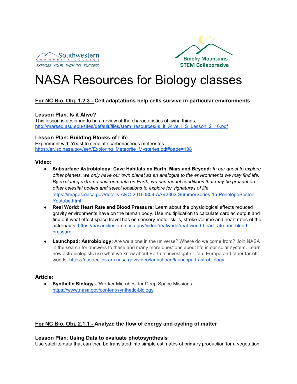 NASA Resources for Biology Classes