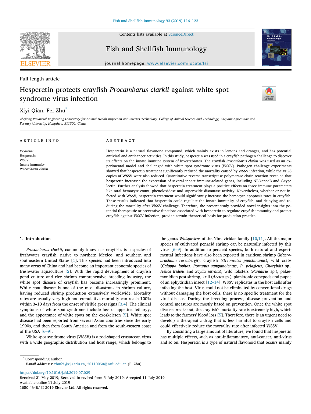 Hesperetin Protects Crayfish Procambarus Clarkii Against White