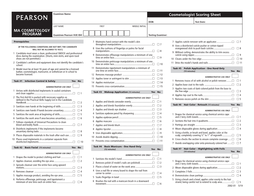 MA COSMETOLOGY PROGRAM Cosmetologist Scoring Sheet