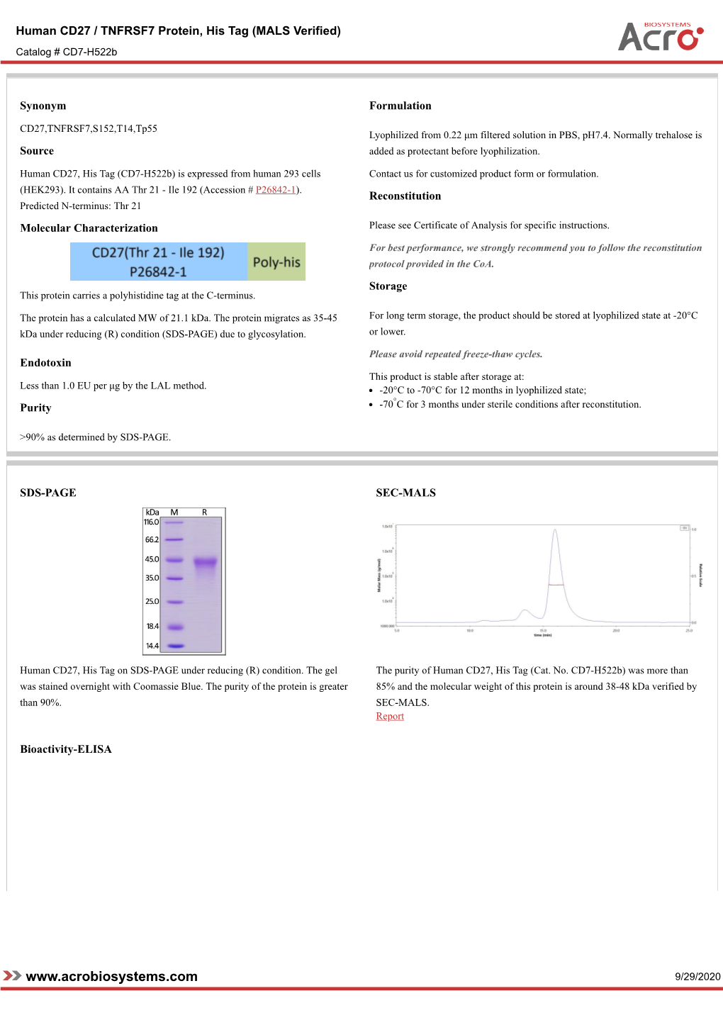 Human CD27 / TNFRSF7 Protein, His Tag (MALS Verified) Catalog # CD7-H522b