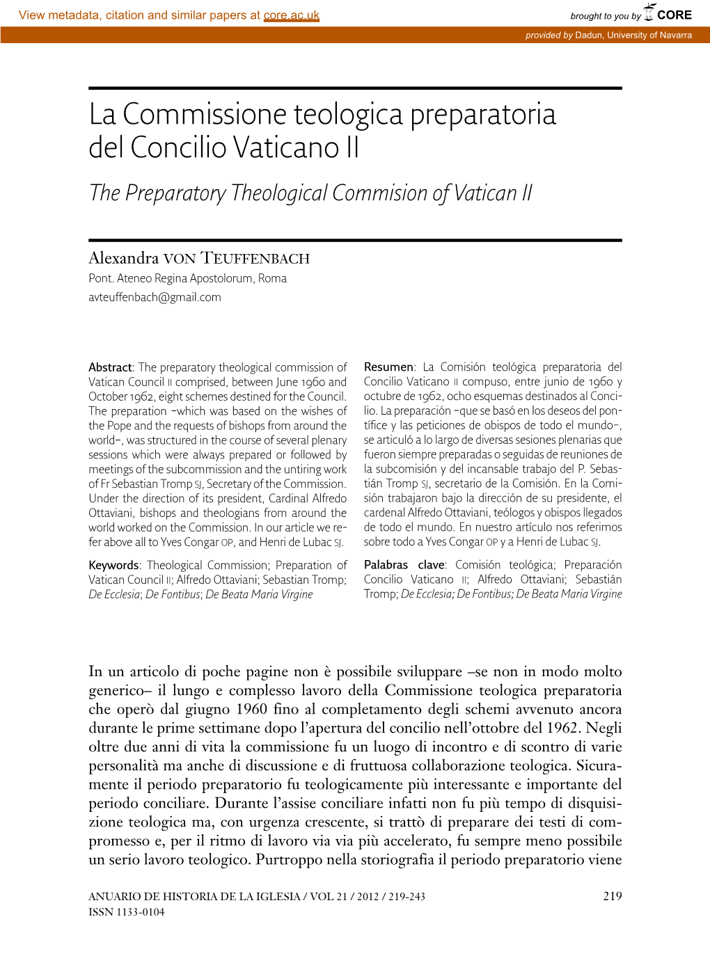 La Commissione Teologica Preparatoria Del Concilio Vaticano II the Preparatory Theological Commision of Vatican II