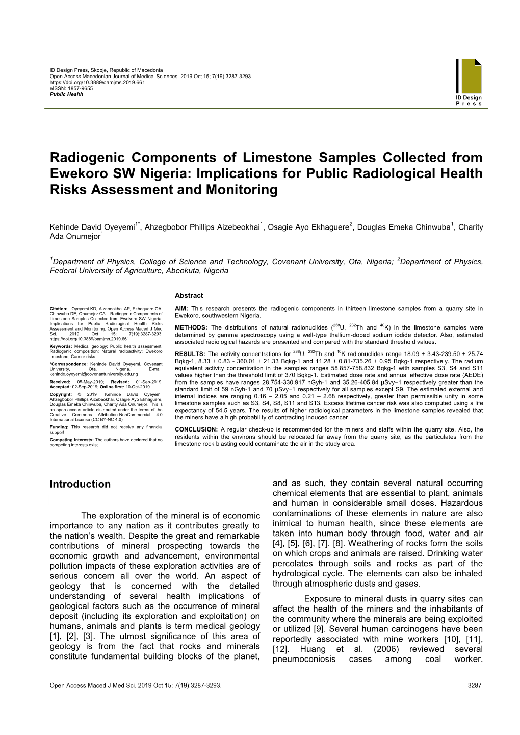 Radiogenic Components of Limestone Samples Collected from Ewekoro SW Nigeria: Implications for Public Radiological Health Risks Assessment and Monitoring