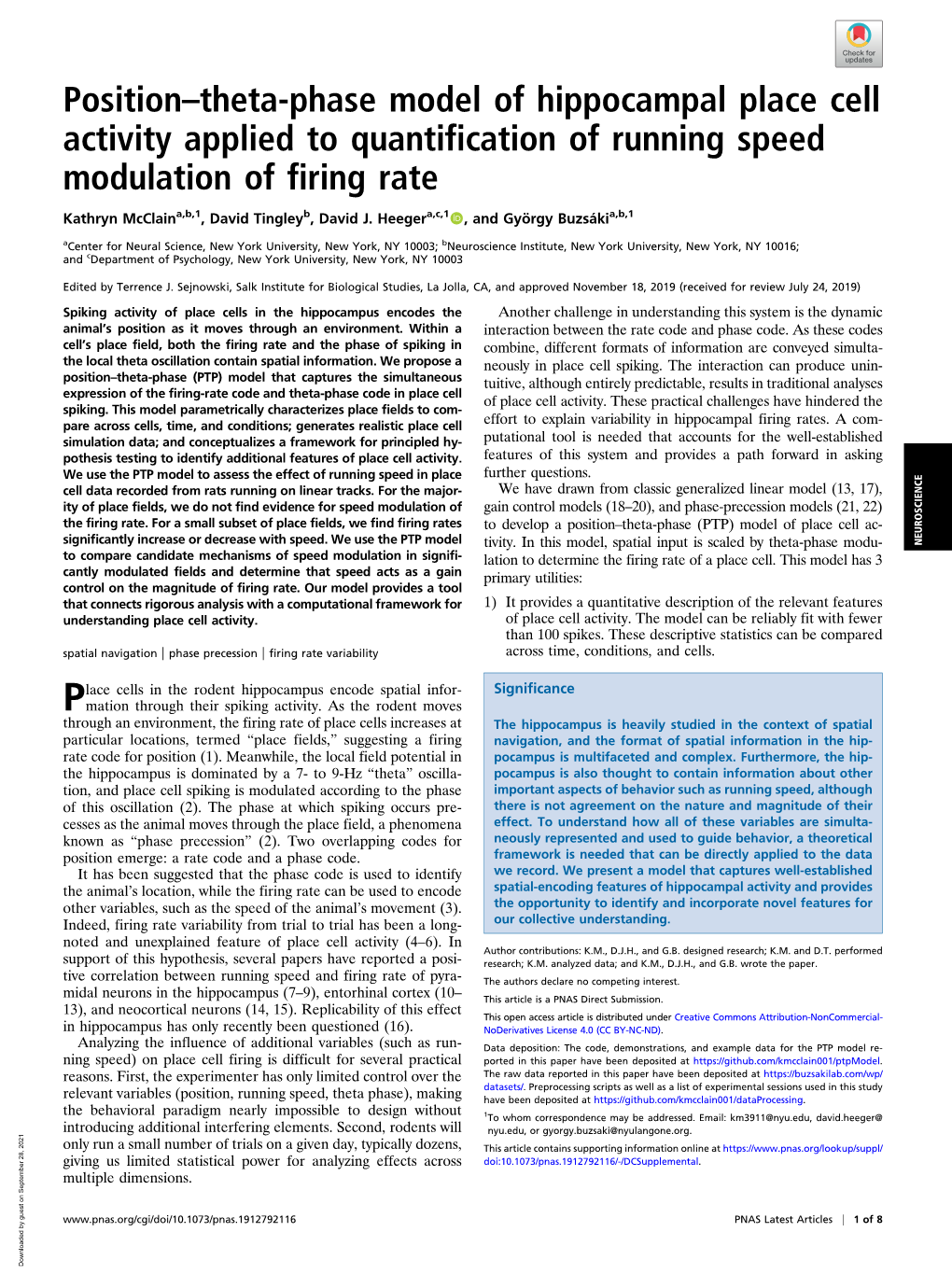 Position–Theta-Phase Model of Hippocampal Place Cell Activity Applied to Quantification of Running Speed Modulation of Firing Rate