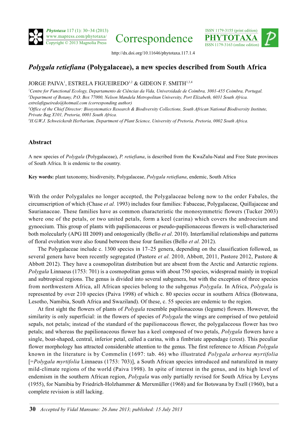 Polygala Retiefiana (Polygalaceae), a New Species Described from South Africa