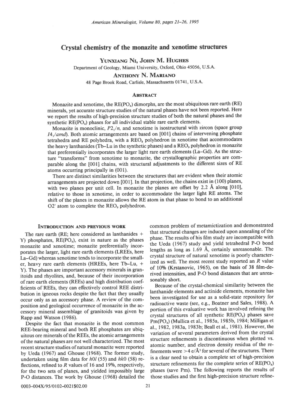 Crystal Chemistry of the Monazite and Xenotime Structures Yuxxnnc Nr