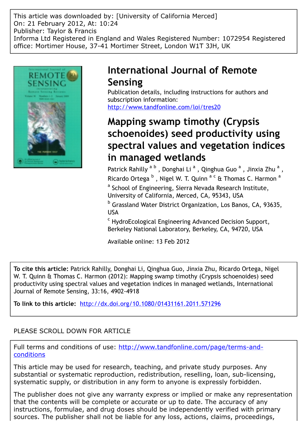 Mapping Swamp Timothy (Crypsis Schoenoides) Seed Productivity