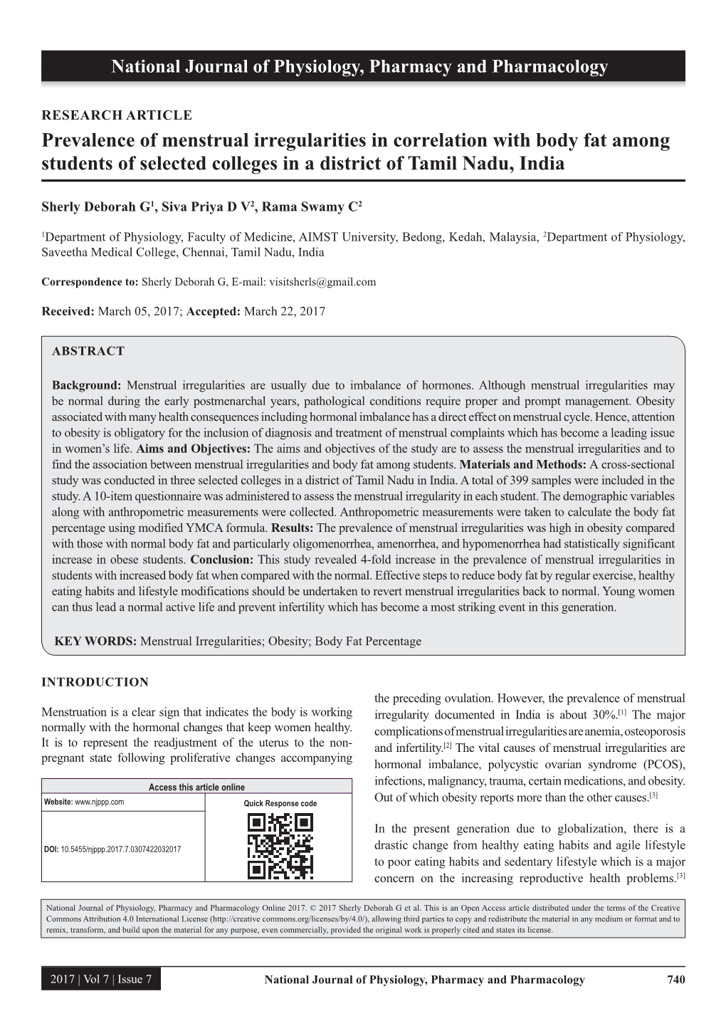 Prevalence of Menstrual Irregularities in Correlation with Body Fat Among Students of Selected Colleges in a District of Tamil Nadu, India