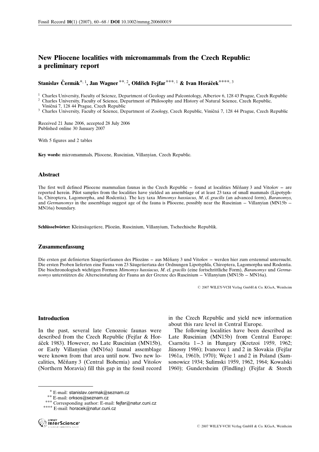 New Pliocene Localities with Micromammals from the Czech Republic: a Preliminary Report