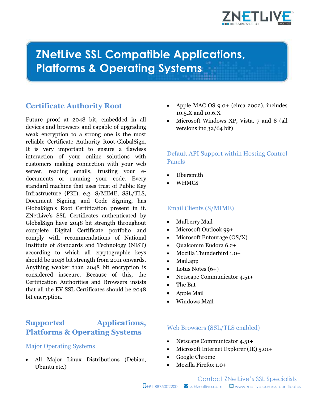 Znetlive SSL Compatible Applications, Platforms & Operating