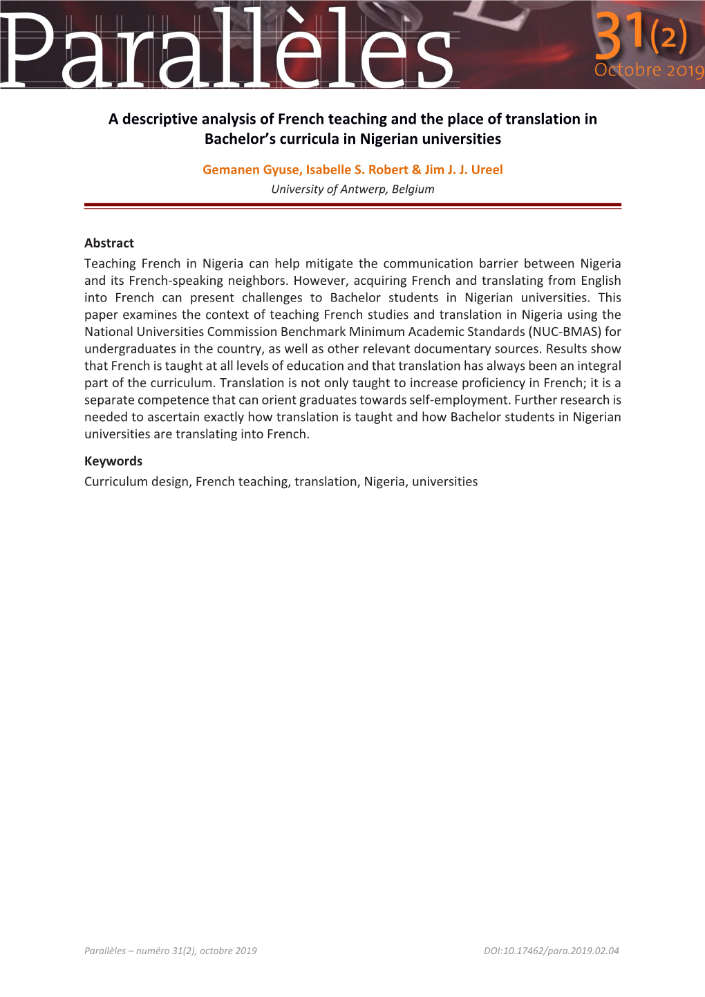 A Descriptive Analysis of French Teaching and the Place of Translation in Bachelor’S Curricula in Nigerian Universities