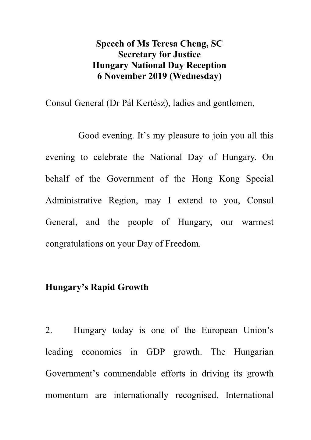 Speech by SJ at Hungary National Day Reception (English Only)