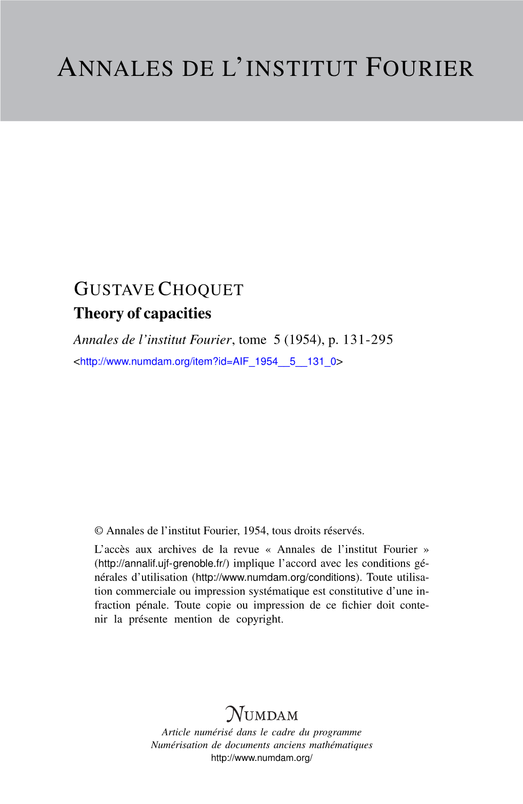 Theory of Capacities Annales De L’Institut Fourier, Tome 5 (1954), P