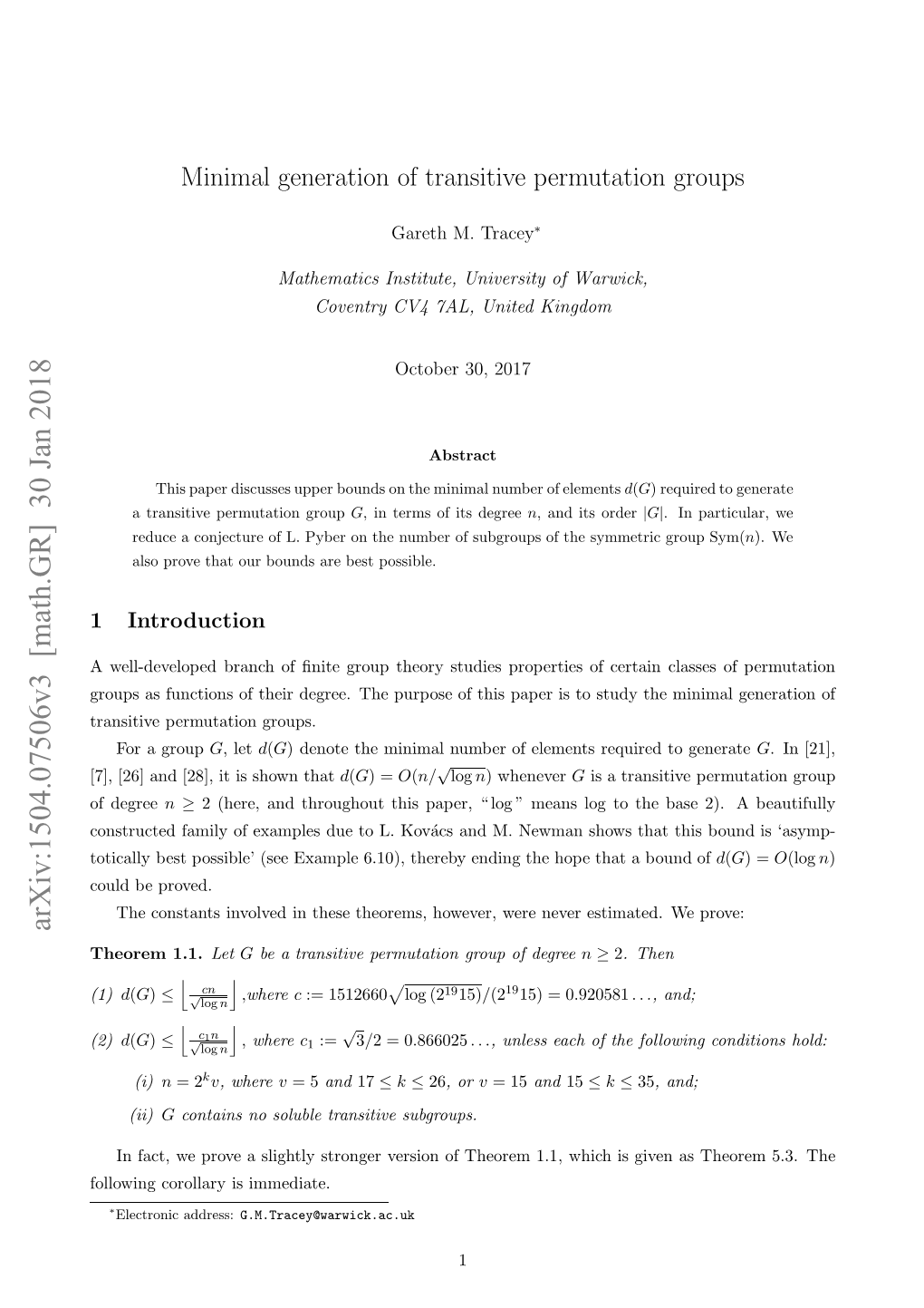 Minimal Generation of Transitive Permutation Groups