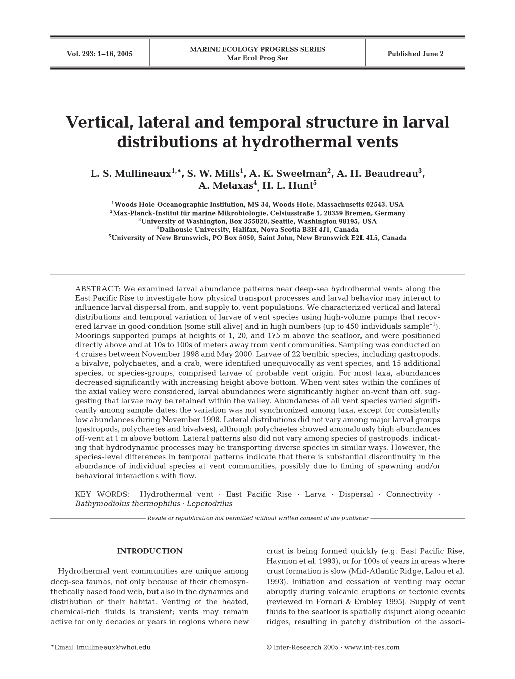 Vertical, Lateral and Temporal Structure in Larval Distributions at Hydrothermal Vents