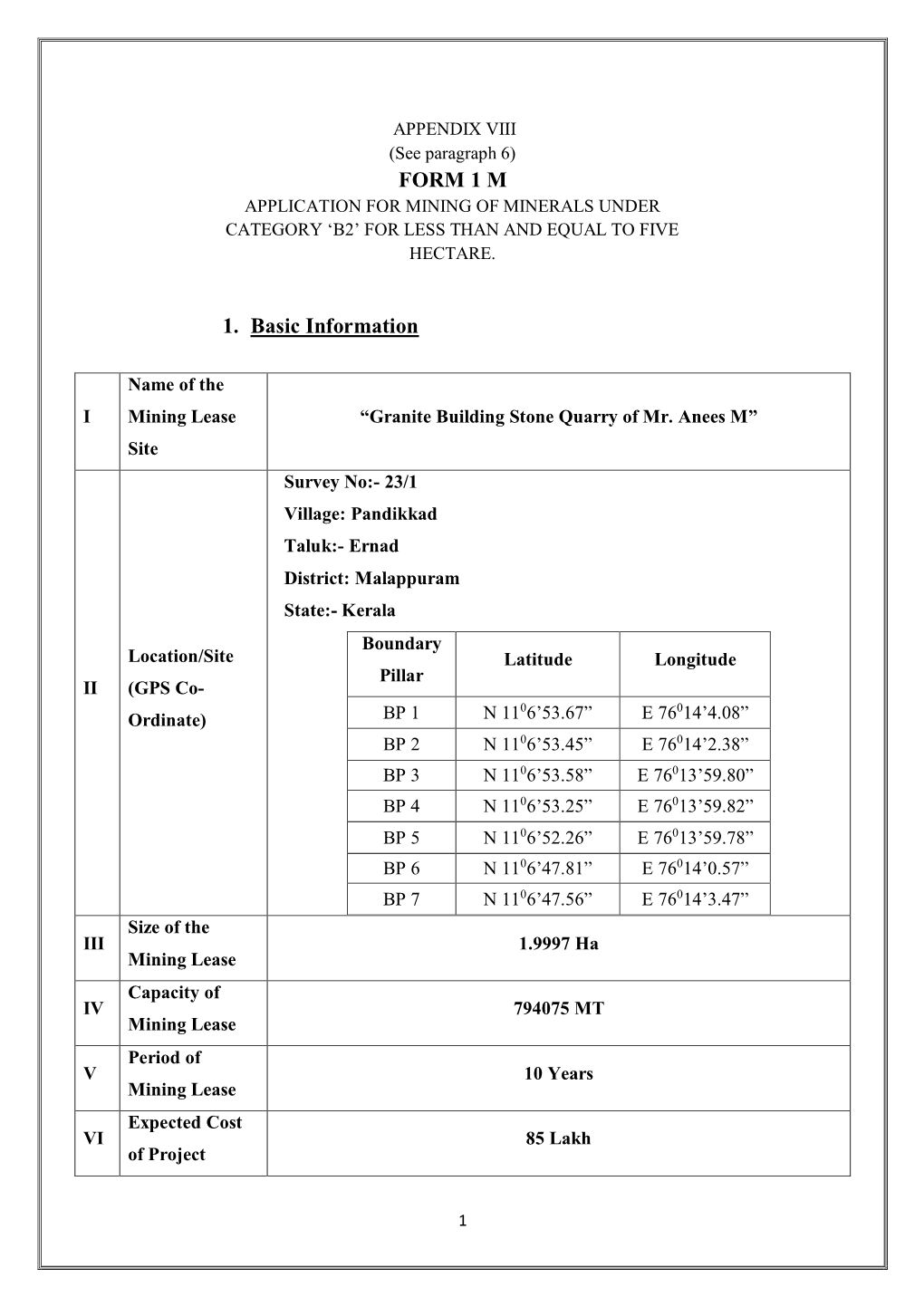 FORM 1 M 1. Basic Information