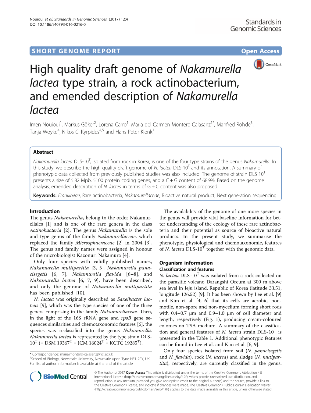 High Quality Draft Genome of Nakamurella Lactea Type Strain, a Rock Actinobacterium, and Emended Description of Nakamurella Lactea