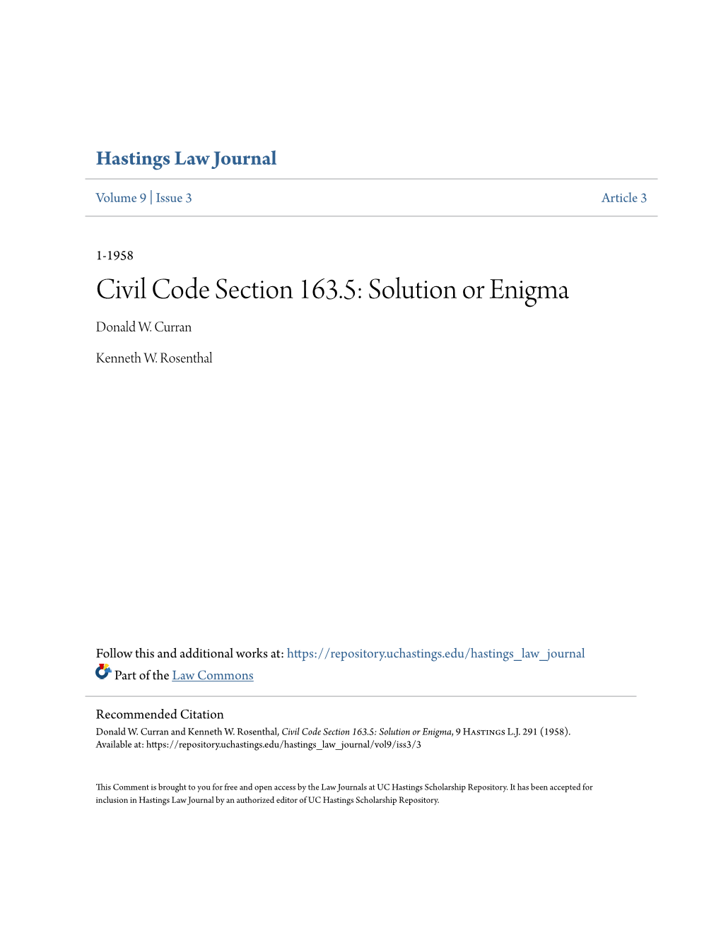 Civil Code Section 163.5: Solution Or Enigma Donald W