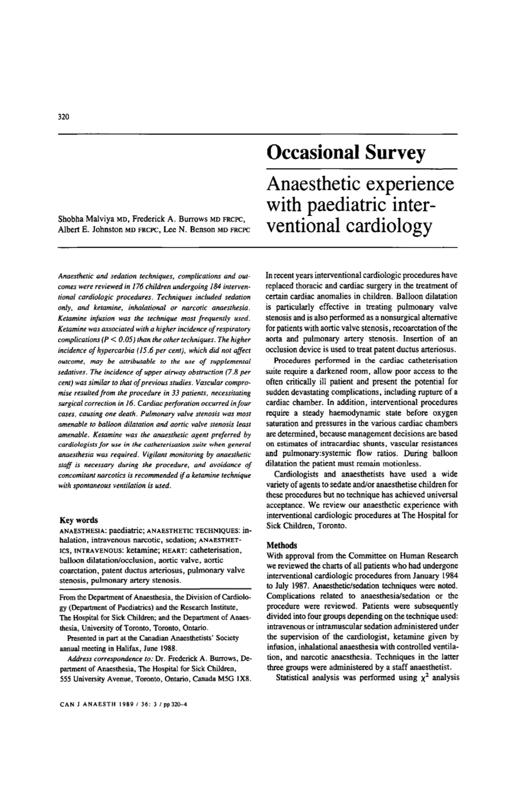 Anaesthetic Experience with Paediatric Interventional Cardiology