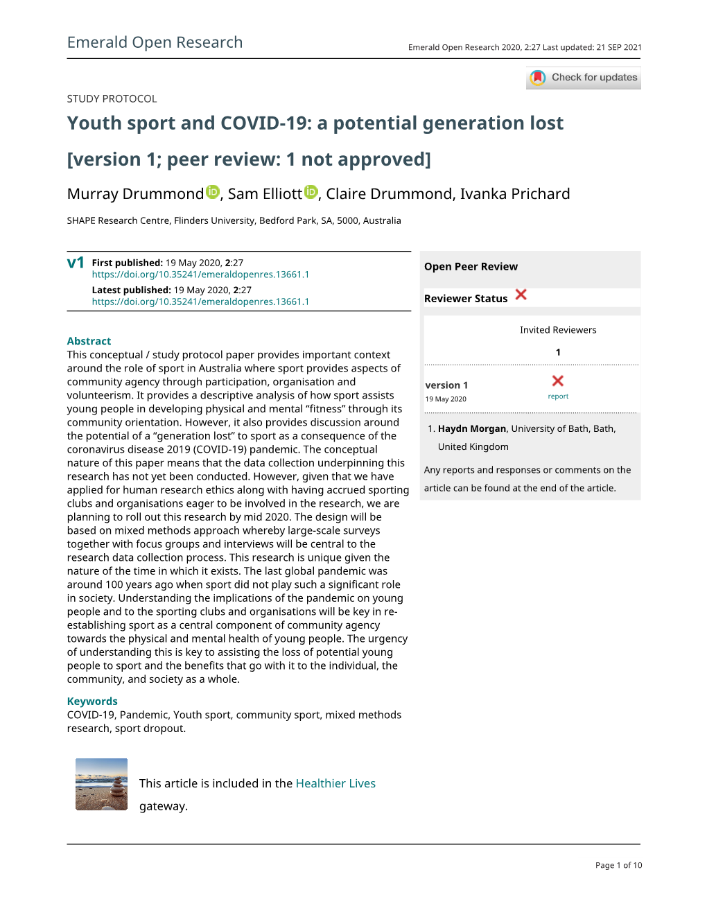 Youth Sport and COVID-19: a Potential Generation Lost [Version 1; Peer Review: 1 Not Approved]