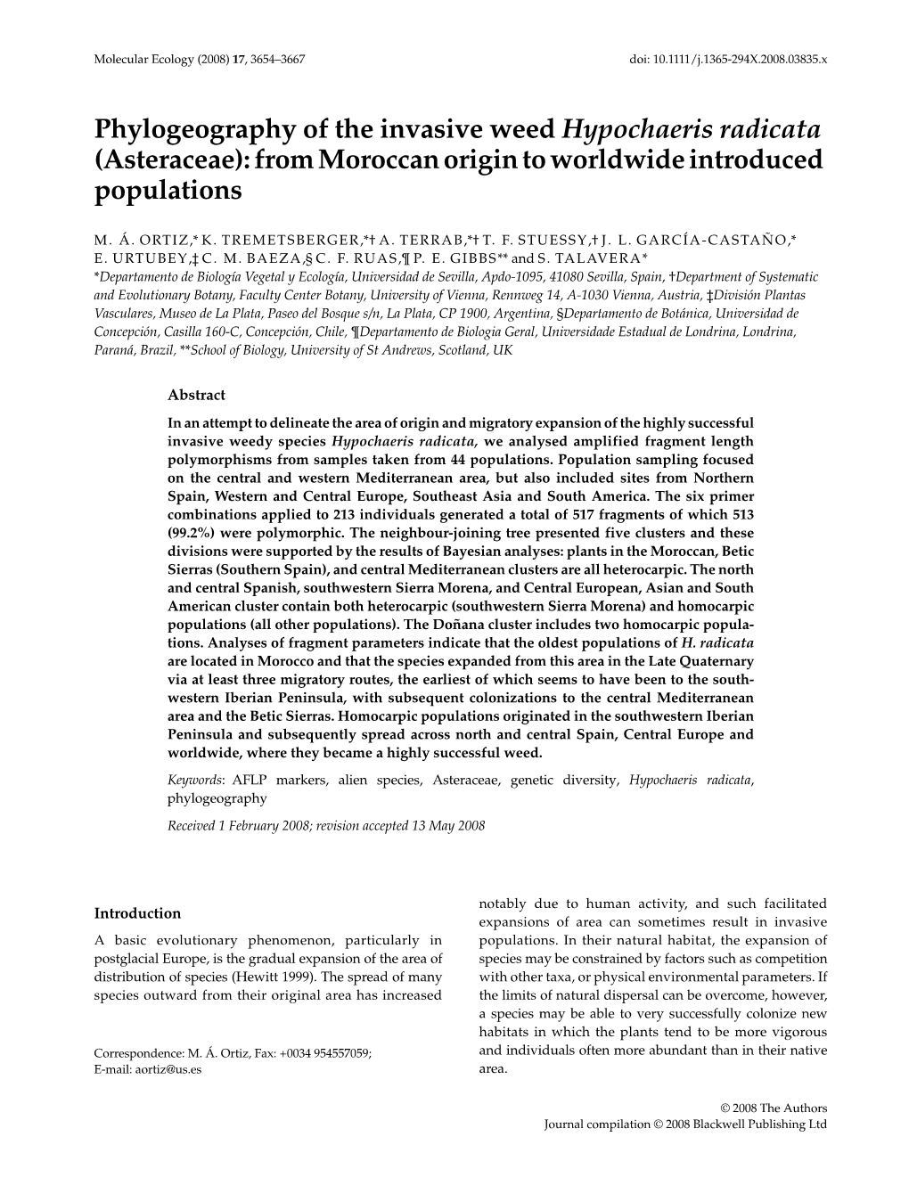 Phylogeography of the Invasive Weed Hypochaeris Radicata