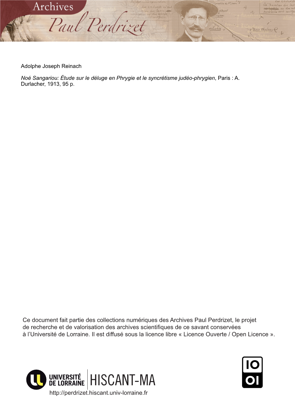 Noé Sangariou: Étude Sur Le Déluge En Phrygie Et Le Syncrétisme Judéo-Phrygien, Paris : A